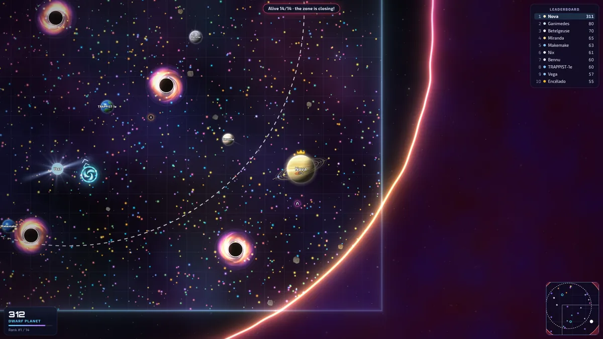 Collapse mode: a glowing red ring closing in on the arena, black holes inside it and a dashed circle showing the next safe zone