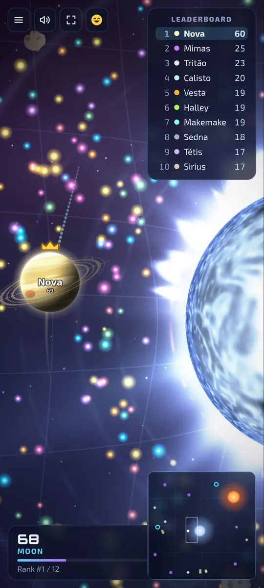 Lagario 3 aberto no navegador do celular, com um planeta ao lado de uma estrela azul, o ranking e o minimapa