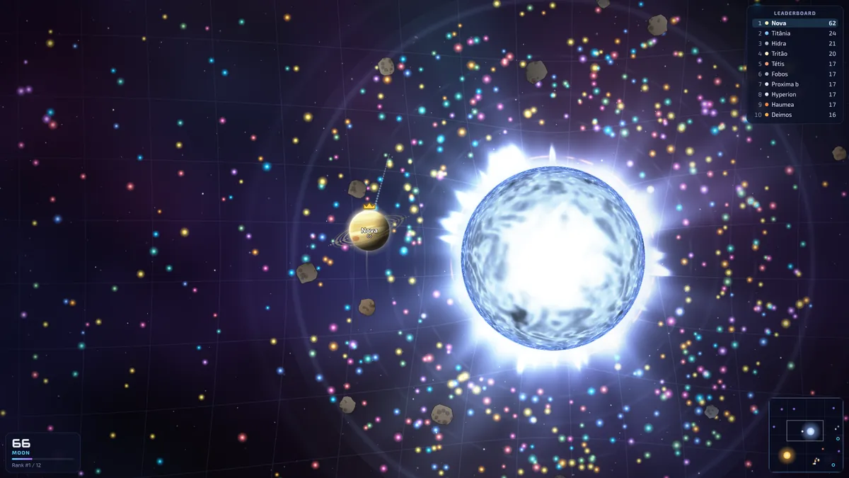 Um planeta pequeno dando a volta numa estrela azul, atravessando um anel de poeira colorida e asteroides