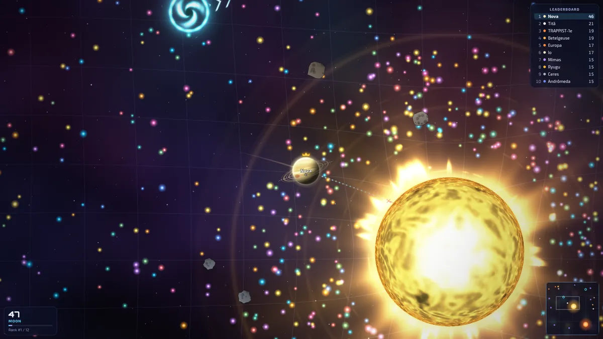 A ringed planet diving past a bright yellow star, with a dotted trajectory line curving around the star