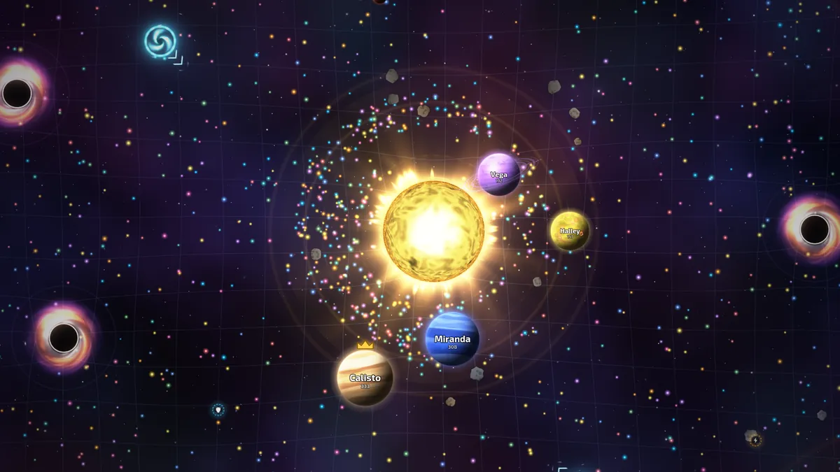 Planetas orbitando uma estrela amarela brilhante por um anel de poeira, com buracos negros e um buraco de minhoca nas bordas